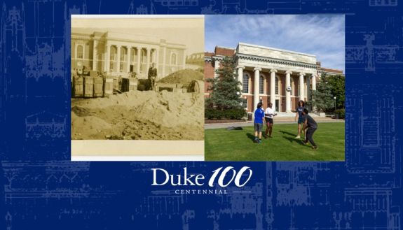 Historical image of East Campus on the left and a current photo on the right with students playing ball in front