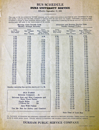 This 1935 bus schedule shows stops and fee information for Duke students. Click for an enlarged version.