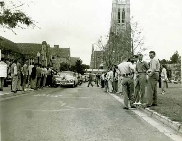 In 1949, Duke students made national news with a boycott of campus buses. They declared October 17 'Shoe Leather Day to protest a hike in the campus-bus fare from a nickel to three tokens for a quarter. Newspapers around the country ran the Associated Press story of Duke students carpooling and walking between East and West campuses to demonstrate against the fare increase.