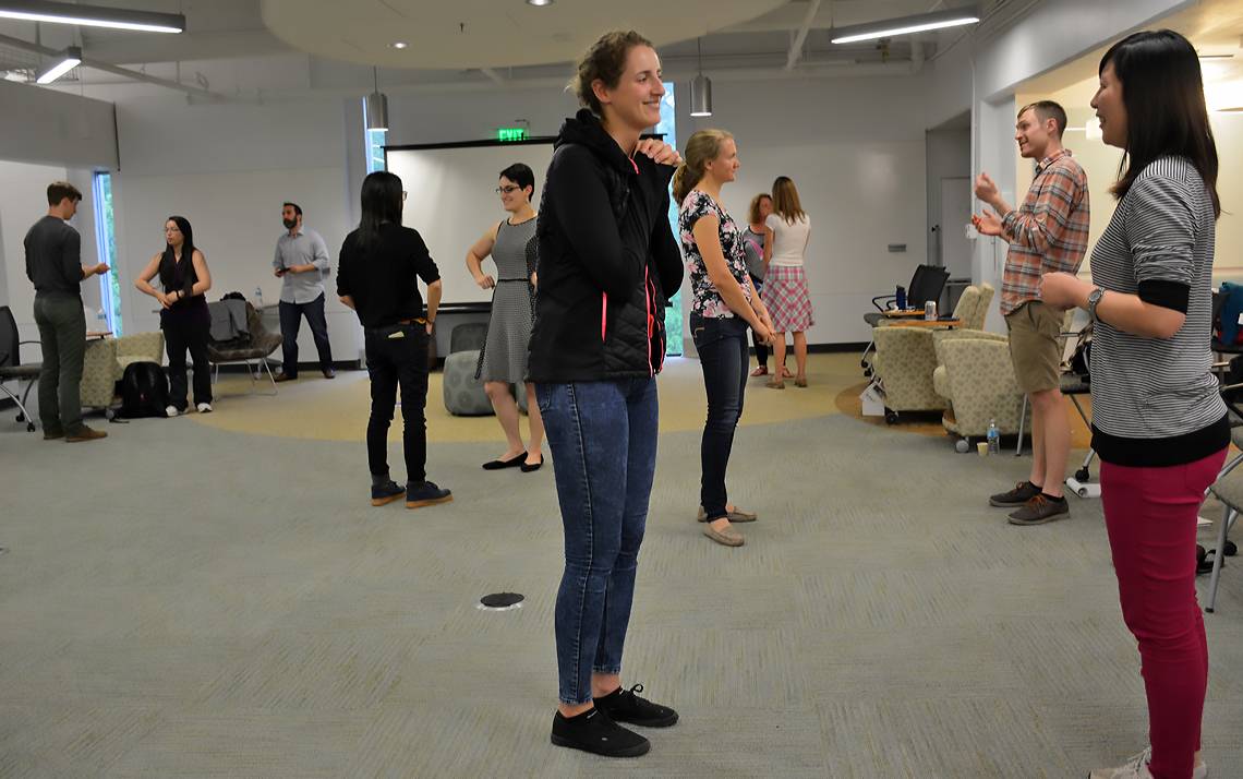 During a program organized by Pratt School of Engineering's PhD Plus Professional Development Program, students and employees participated in improv exercises led by Zach Ward, owner of DSI Comedy Theater in Chapel Hill.