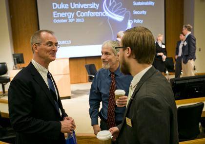 Former Congressman Bob Inglis (left) spoke with energy conference participants after his keynote. (Duke Photography)