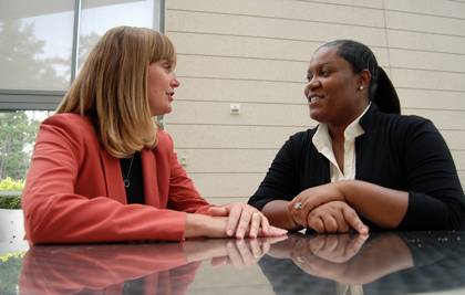 Wanda Hall, right, conducted an informational interview with Laura Grisham, left, to learn more about the pros and cons of a career in event management. Photo by Marsha A. Green.