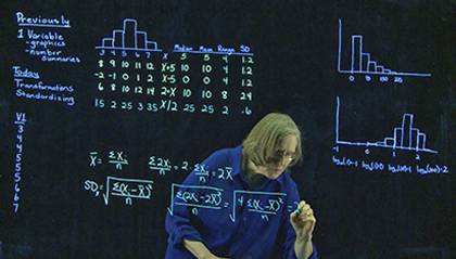 Dalene Stangl in Duke's Department of Statistical Science has used a lightboard to create solo and group lectures for her new Coursera course, “Teaching Statistical Thinking.” The lightboard is similar to a see-through chalkboard.