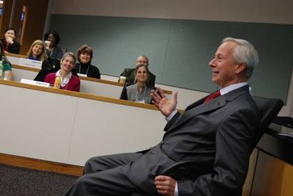 President Richard H. Brodhead shares leadership stories with employees participating in the third class of the Duke Leadership Academy.  Photo by Marsha A. Green.