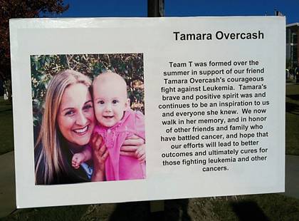 For the Light The Night remembrance ceremony, staff members from the University Development team created a poster honoring their late colleague, Tamara Overcash. Overcash is pictured here with her daughter, Carter Lane Overcash. Photo courtesy of Vera Lu