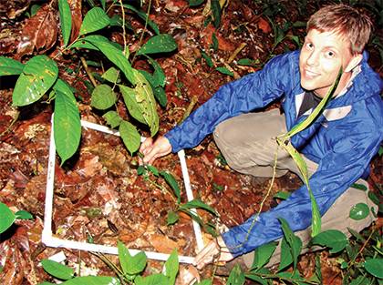 John Poulsen counting and measuring seedlings in Africa to help measure biodiversity. Photo courtesy of John Poulsen. 