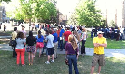 Prospective students and family members get a close look at the Duke campus last week during Blue Devil Days.  Photo by James Todd.