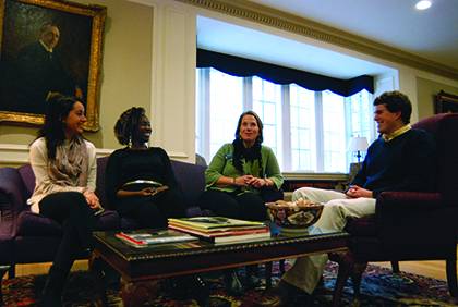 Susan Semonite Waters, center, chats with a collection of student interns about Blue Devil Days, an annual event for prospective students. Photo by Bryan Roth.