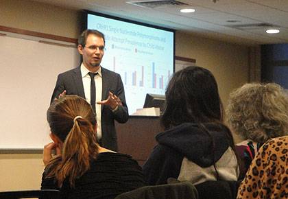 Dr. Brandon Kohrt discusses the experiences of Nepal's child soldiers. Photo by Ashley Baker.