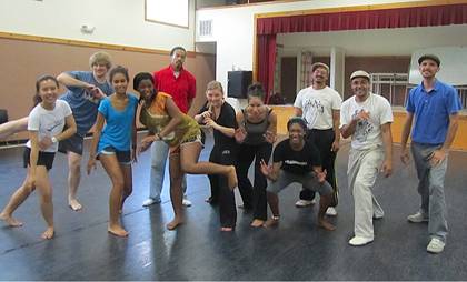 T.J. Desch-Obi leading Dance Program students in a master class on Capoeira Angola at Duke on Sept. 25.