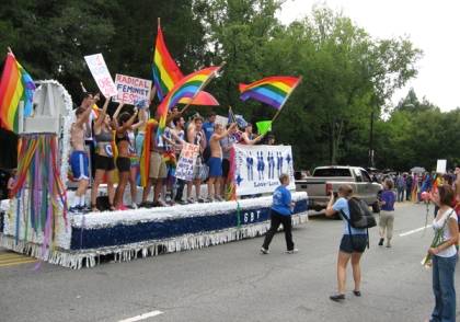The Duke Center for LGBT Life float in the 2011 N.C. Pride Parade in Durham.  Photo by Stuart Wells.