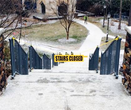 A stairway is roped off to Duke community members for their safety. During severe weather, faculty and staff are asked to only use walkways cleared at a high priority. Photo courtesy of Facilities Management.