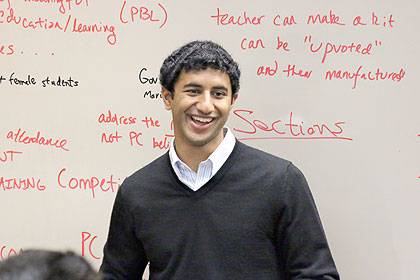 Eeshan Bhatt, one of the team that developed the winning student proposal at the Winter Forum, Photo by Kara Bonneau