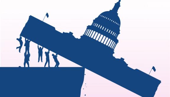 graphic of people tipping Congress building over the edge