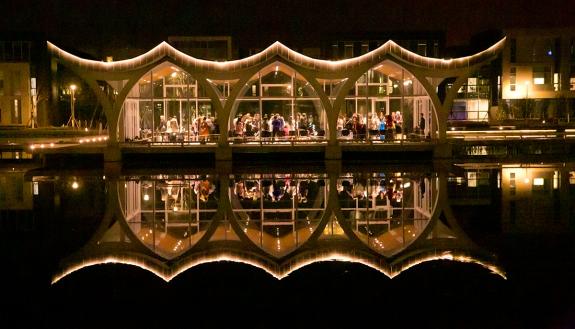 University Photographer Chris Hildreth took this photo of students gathered in the water pavilion of Duke Kunshan University during a trip to China last year.