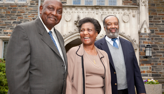 Nathaniel White, right, joined Gene Kendall and Wilhelmina Reuben-Cooke at a celebration of the 50th anniversary of their arrival at Duke.