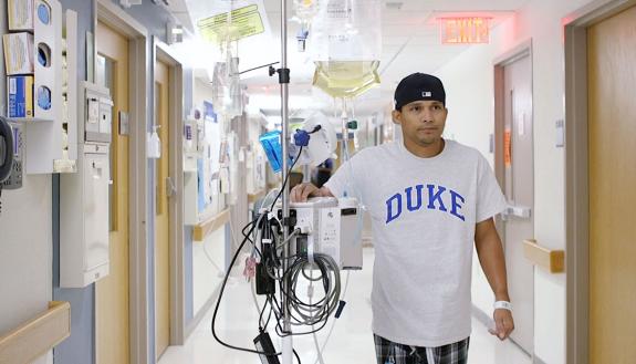 Abdominal wall transplant patient walks hospital halls