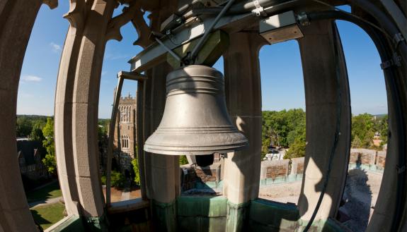 A small bell, named "Charley," hangs in a belfry atop Kilgo Quad. Photo courtesy of University Communications.
