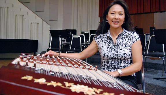 Jennifer Chang, who is an accomplished soloist on traditional Chinese instruments such as the guzheng, leads Duke's Chinese Music Ensemble. Photo by Stephen Schramm.