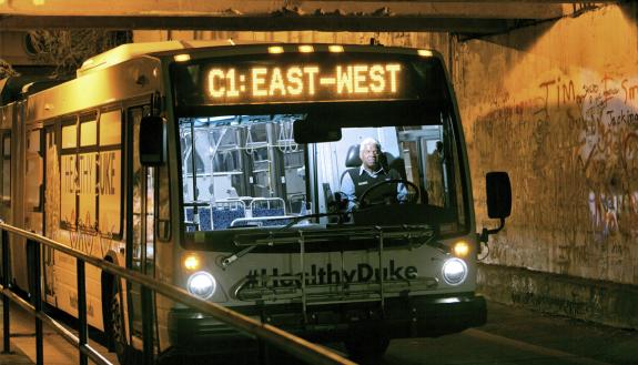 Duke bus driver William Hester pilots the C1 East-West bus through campus.