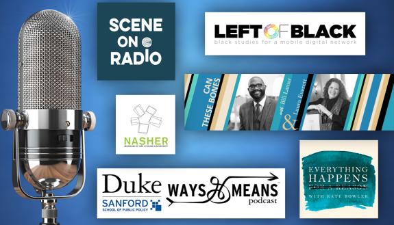 Podcast logos against a blue backdrop.
