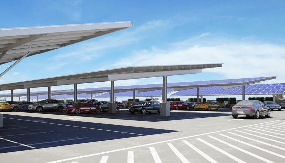 Artists' rendering of the soon-to-be-built solar panels on top of the Research Drive Parking Garage.