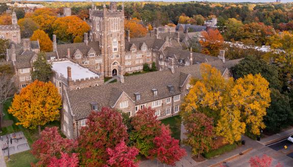 An aerial view of the clocktower on a fall day.