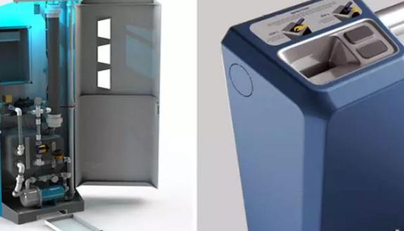 Computer models of the components for two newly announced sanitation systems (left) and the S.H.E. module that incinerates sanitary pads without emitting hazardous gasses or particulates (right).