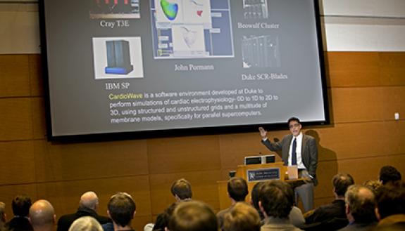 Duke Professor Craig Henriquez presents a "lightning talk" about cluster computing during the Duke Research Computing Symposium earlier this year.