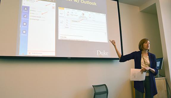 Emily Daly, head of assessment and user experience at Duke University Libraries, shares WebEx and Jabber tips during a "Learn IT @ Lunch" presentation.