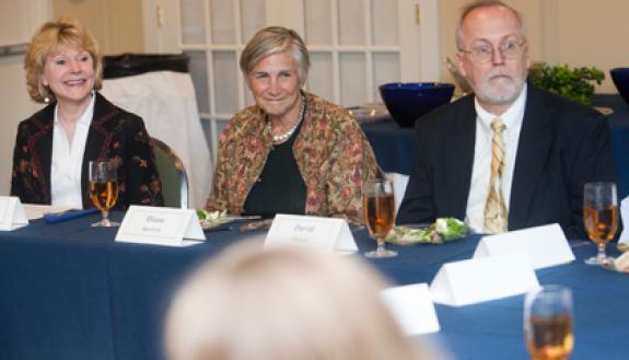 Jan Riggsbee of Duke’s Program in Education, left, and David Malone, right, were among the faculty members who held a lunch meeting with education expert Diane Ravitch prior to her evening speech at Page Auditorium. Photo by Megan Morr/Duke University 