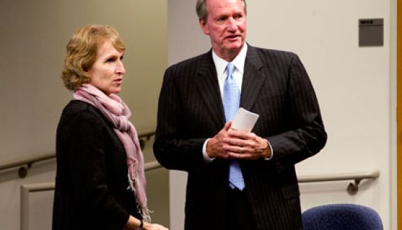 Richard Wagoner talks with Academic Council chair Susan Lozier before the council meeting Thursday.  Photo by Jon Gardiner/Duke University Photography