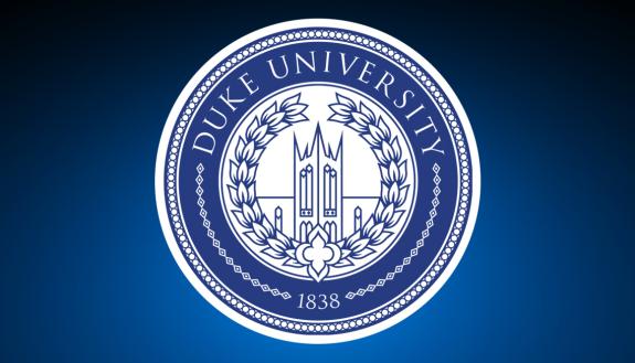 Duke University logo against blue background.