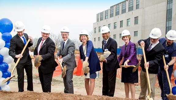 From left: Doctor of Physical Therapy student Cody Davis, Michel Landry, PT, PhD, Chief, Doctor of Physical Therapy Division, Ben Alman, Dean Mary Klotman, Chancellor Eugene Washington, and more