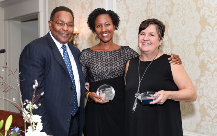 From left to right, Bob Crouch poses with Dr. Sherilynn Black, EDI Faculty Award recipient and Dr. Margaret Muir, EDI Staff Award recipient during the 2020 Equity, Diversity and Inclusion Awards, held prior to COVID-19. Photo courtesy of OIE.