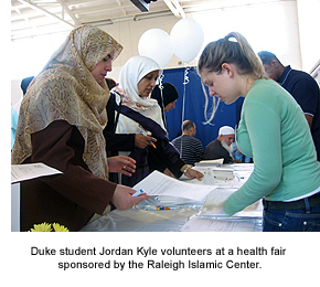 Duke student Jordan Kyle volunteers at a health fair sponsored by the Raleigh Islamic Center.