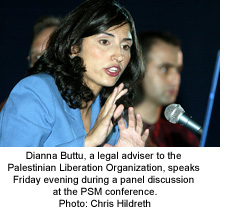 Dianna Buttu, a legal adviser to the Palestinian Liberation Organization, speaks Friday evening during a panel discussion at the PSM conference.