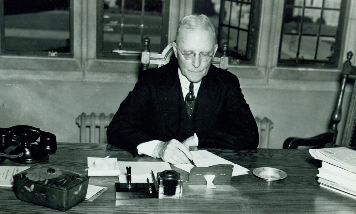 Duke President Robert Flowers at his desk