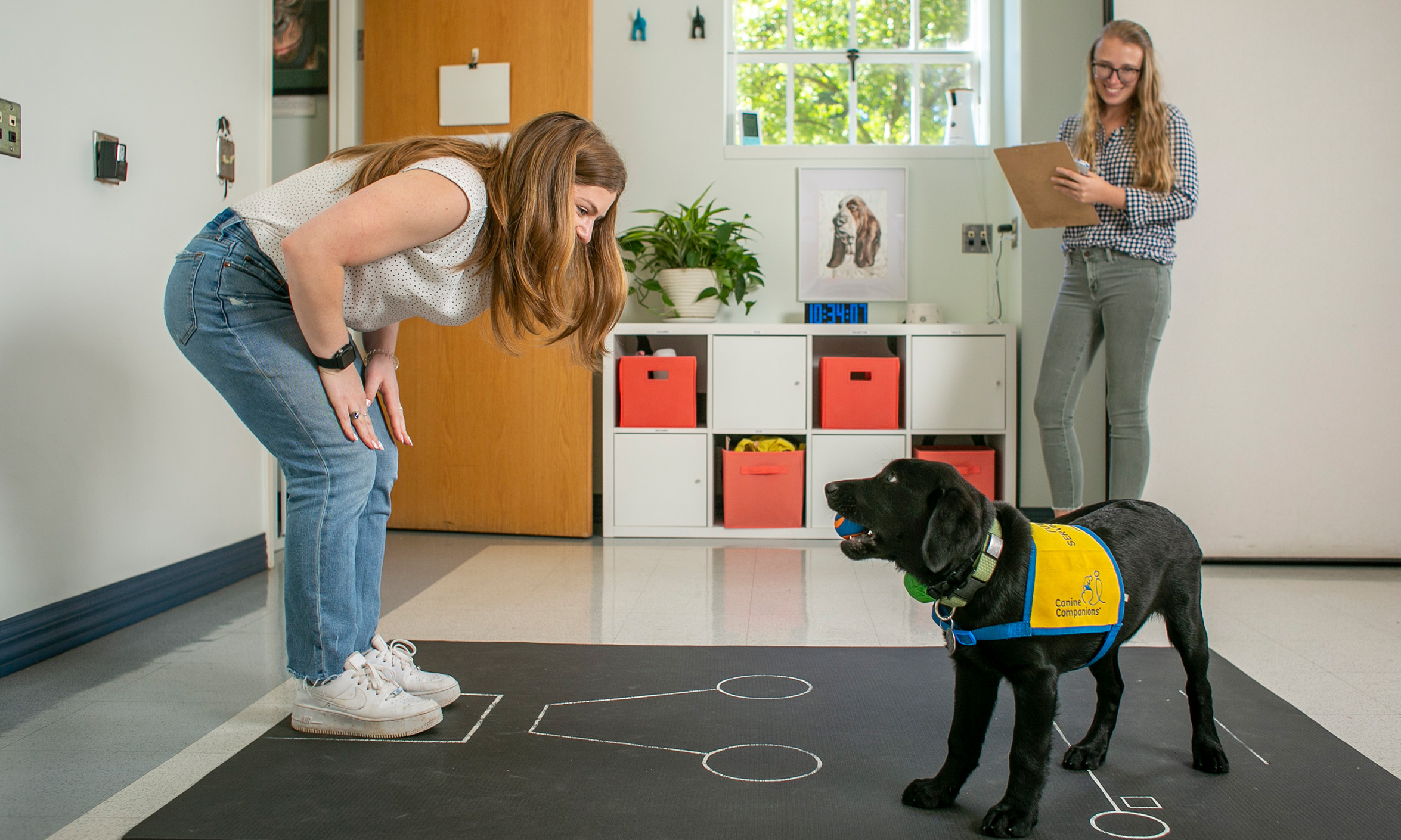 A person leans over to talk to a dog holding a ball in a classroom setting, as another person looks on in the background with a clipboard