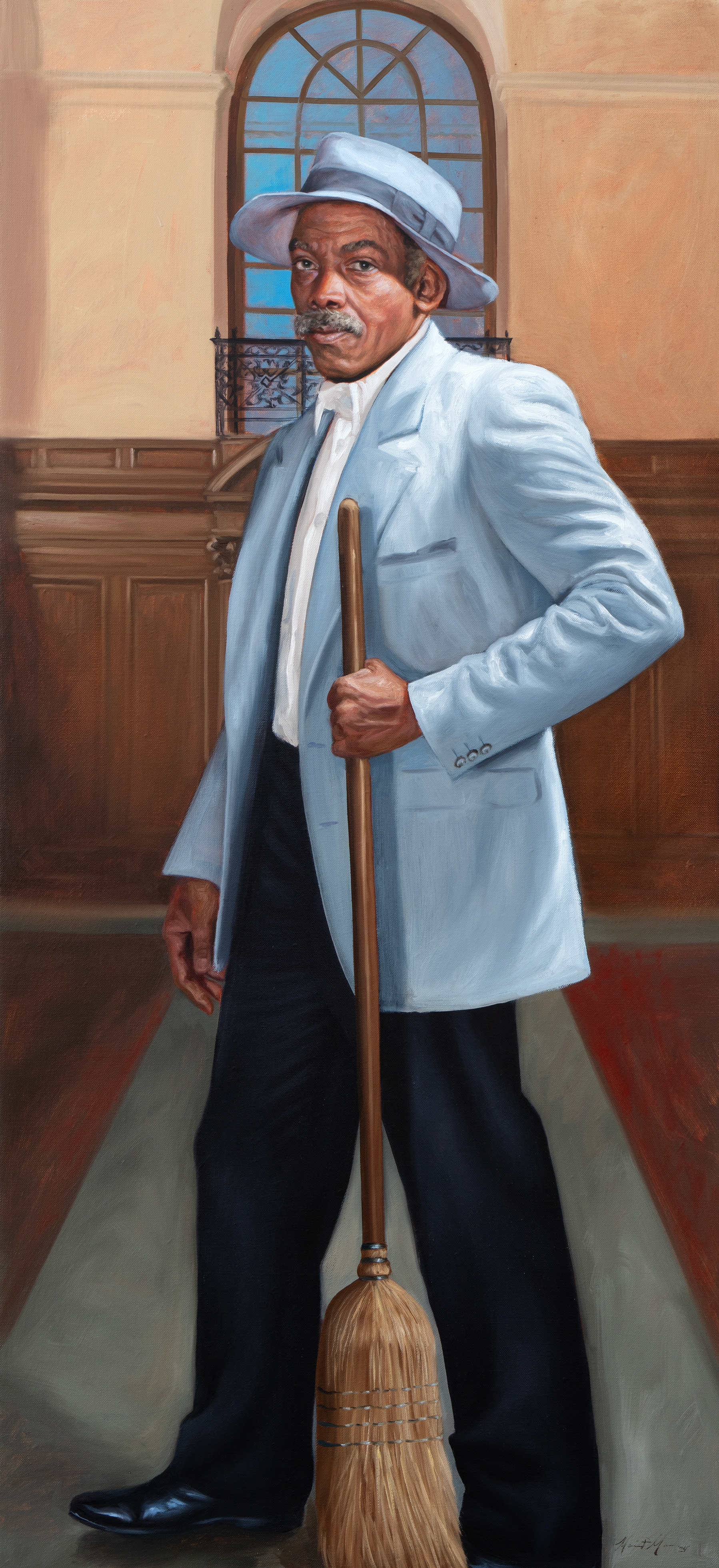 “In this portrait George-Frank Wall, dressed in formal wear, stands in the present-day lobby of the building that now bears his and his father’s names, holding a broom in a way that conveys strength and pride in his work. In my conversations with Wall family descendants, they saw the broom as an important element to include in George-Frank Wall’s portrait as a representation of the labor that provided him mobility and the means to make his bequest to Duke University.” Artist statement from Mario Moore