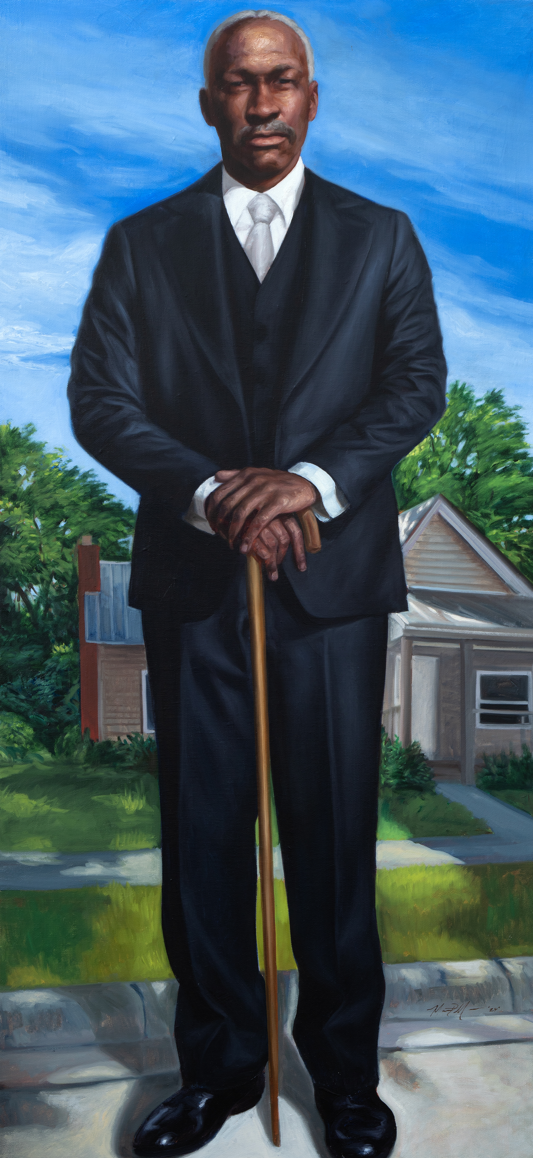 “This portrait features George Wall, the patriarch of the Wall family, standing tall in front of the house he built with his own hands. The portrait honors and celebrates his enduring legacy and influence both in Walltown and at Duke University.” Artist statement from Mario Moore