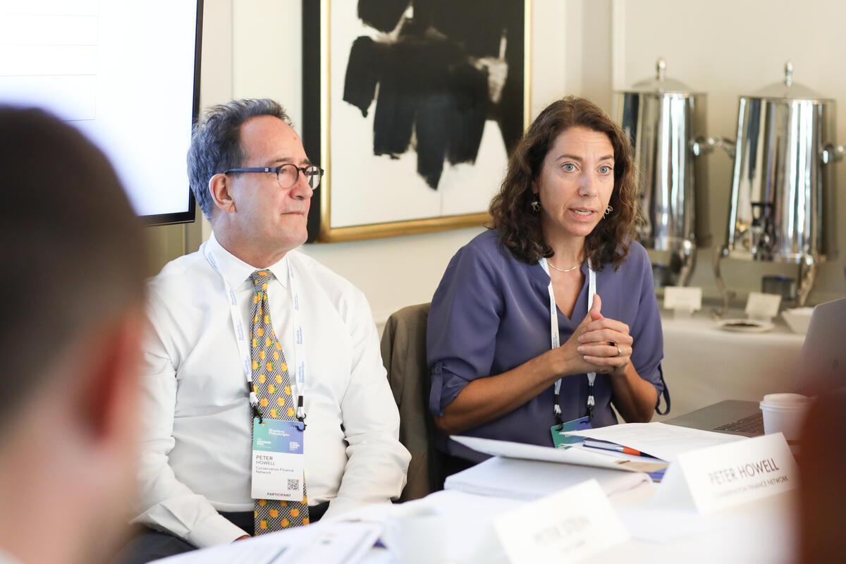 Lydia Olander and Peter Howell sit at a table discussing financing for nature-based solutions.