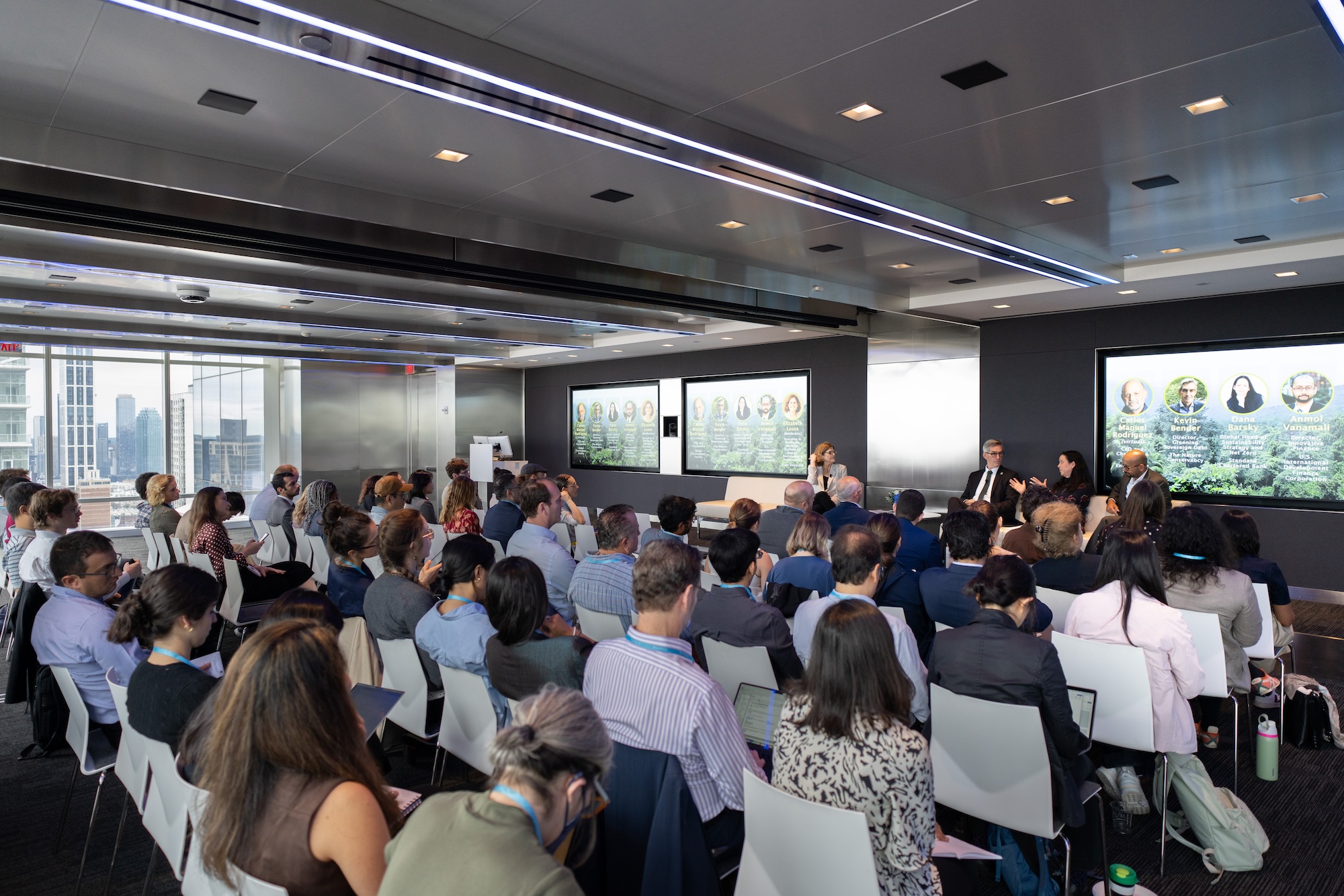 Liz Losos, executive in residence at the Nicholas Institute for Energy, Environment & Sustainability at Duke University, led a panel on scaling debt-for-nature swaps, hosted by Bloomberg. Joining her on the panel was Dana Barsky, global head of sustainability strategy and net zero, Standard Chartered Bank; Kevin Bender, director, Greening Sovereign Debt, The Nature Conservancy; Carlos Manuel Rodriguez, CEO and chairperson, Global Environment Facility; and Anmol Vanamali, director, Innovative Finance, U.S. International Development Finance Corporation. Photo by David Degner