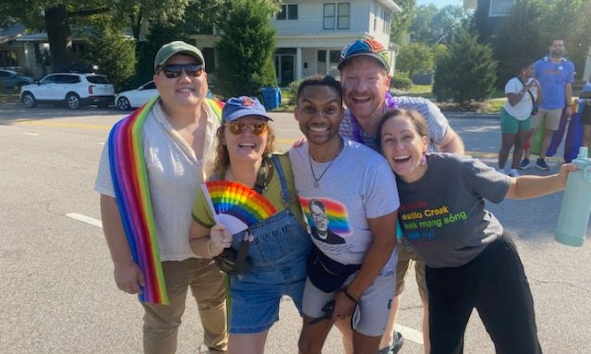 Duke alumnus and community organizer Jesse Huddleston with fellow City Well church members before the annual Pride Parade in September 2024