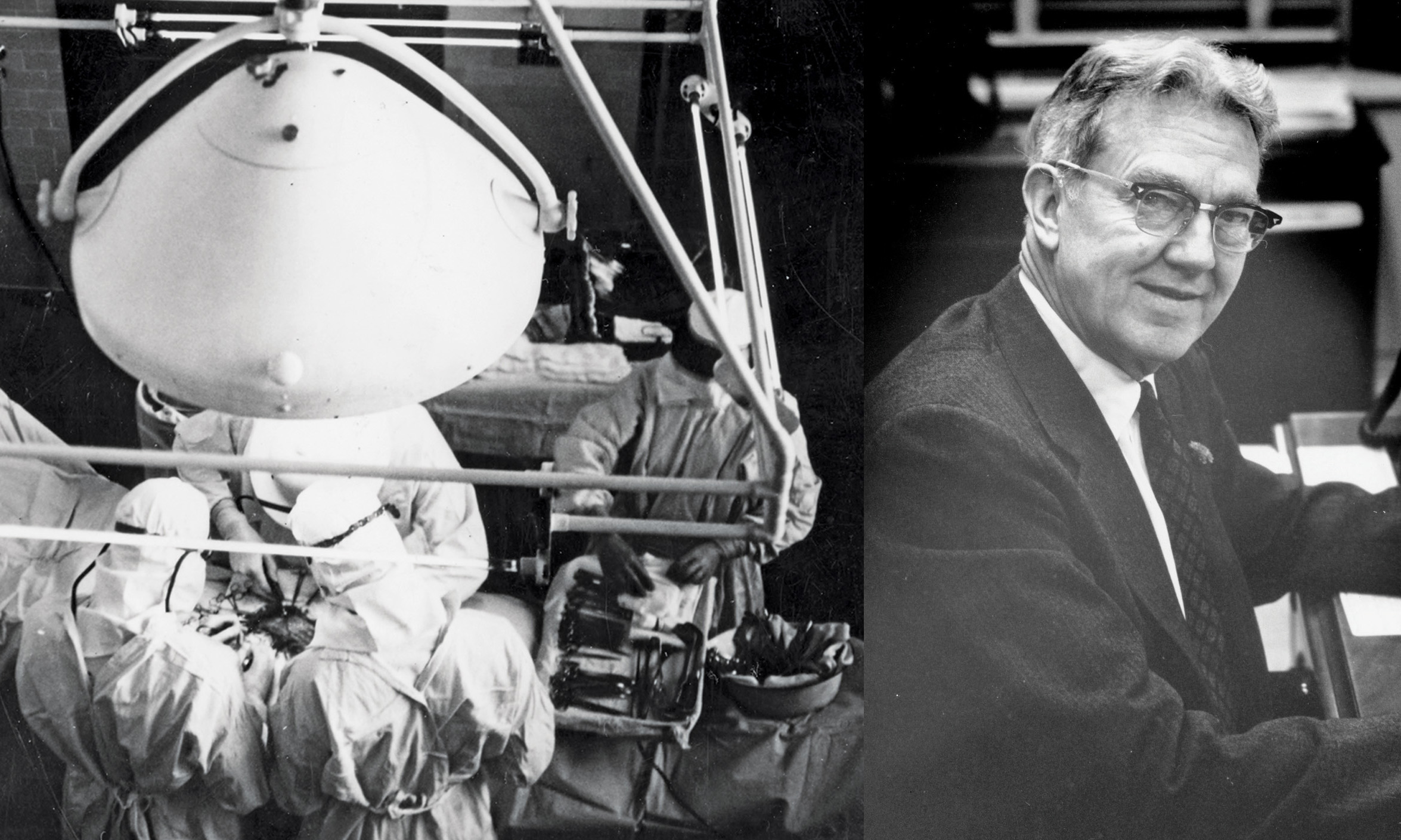 J. Deryl Hart, right, worked with Westinghouse Corp. to design a special ultraviolet lamp, above, that would kill a common bacterium causing post-surgical infections at Duke Hospital in the 1930s. Photos courtesy of Duke Medical Center Archives.