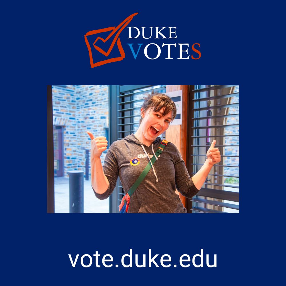 Student smiles a shows the thumbs-up sign, wearing a Durham, NC I Voted sticker.
The Duke Votes logo is above the image and the url, wote.duke.edu, is below