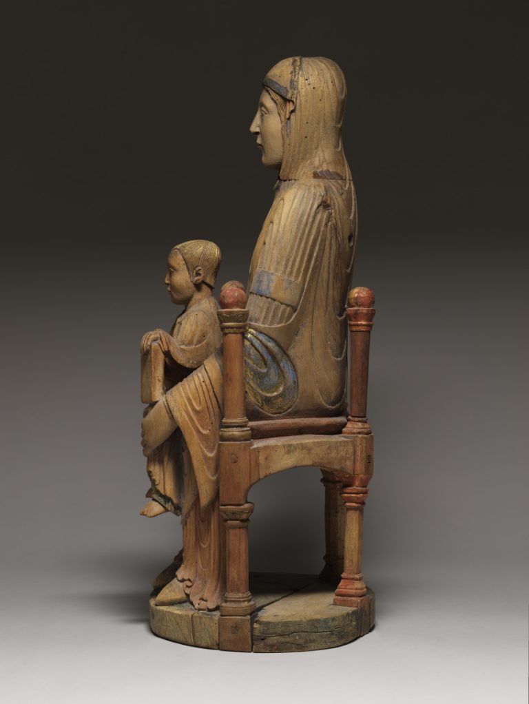 French (Auvergne), Virgin and Child Enthroned, 12th century. Polychrome with gilding on wood, 28 1/2 x 11 7/8 x 9 inches (72.4 x 30.2 x 22.9 cm). Collection of the Nasher Museum of Art at Duke University. The Brummer Collection, 1966.112.1. Photo by Brian Quinby