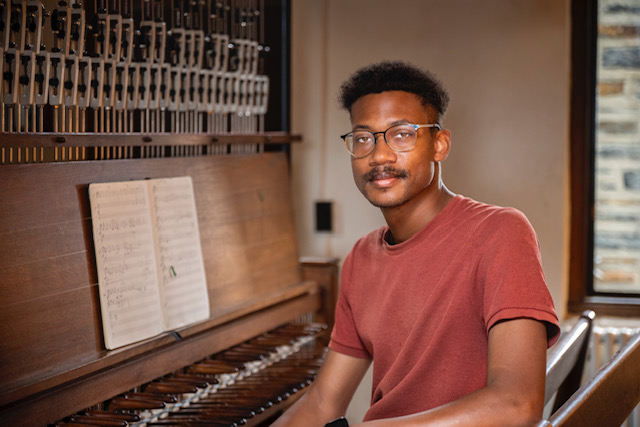 Aaron Colston sits at the Duke Chapel carillon