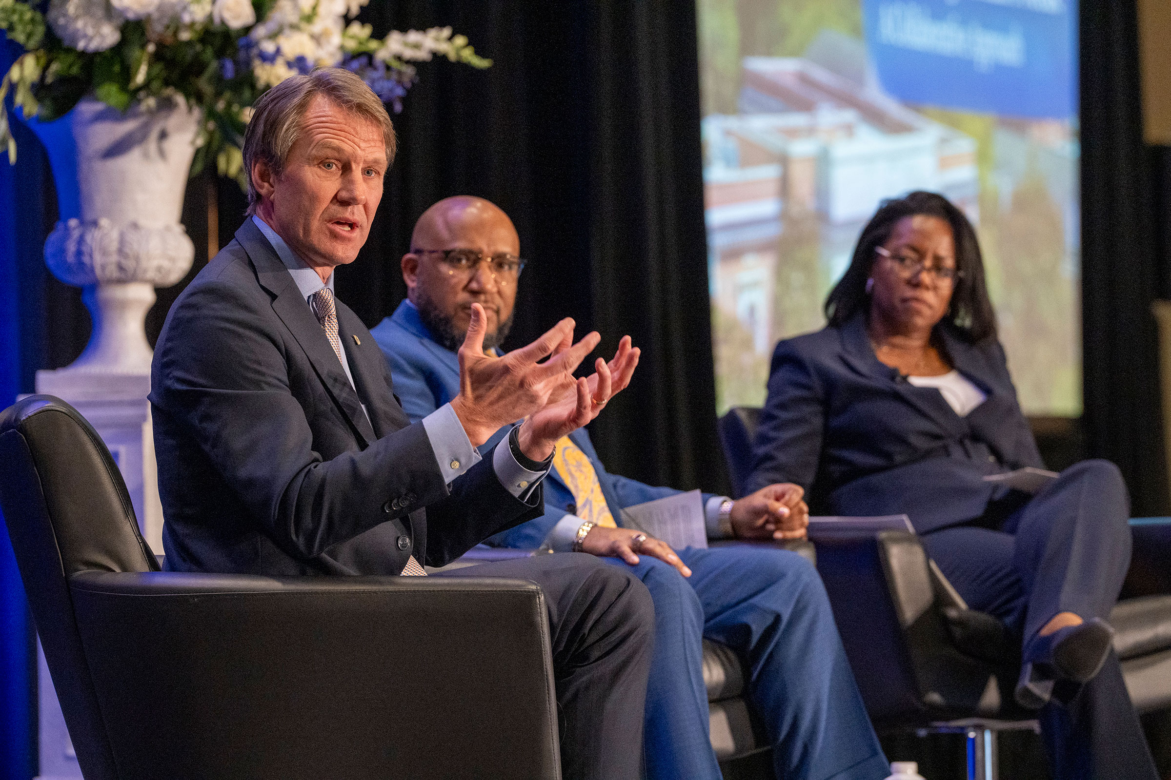 During the program's closing fireside chat, Durham Tech President J.B. Buxton, Durham Public Schools Superintendent Anthony Lewis and Duke’s Stelfanie Willams addressed collaboration by local institutions.