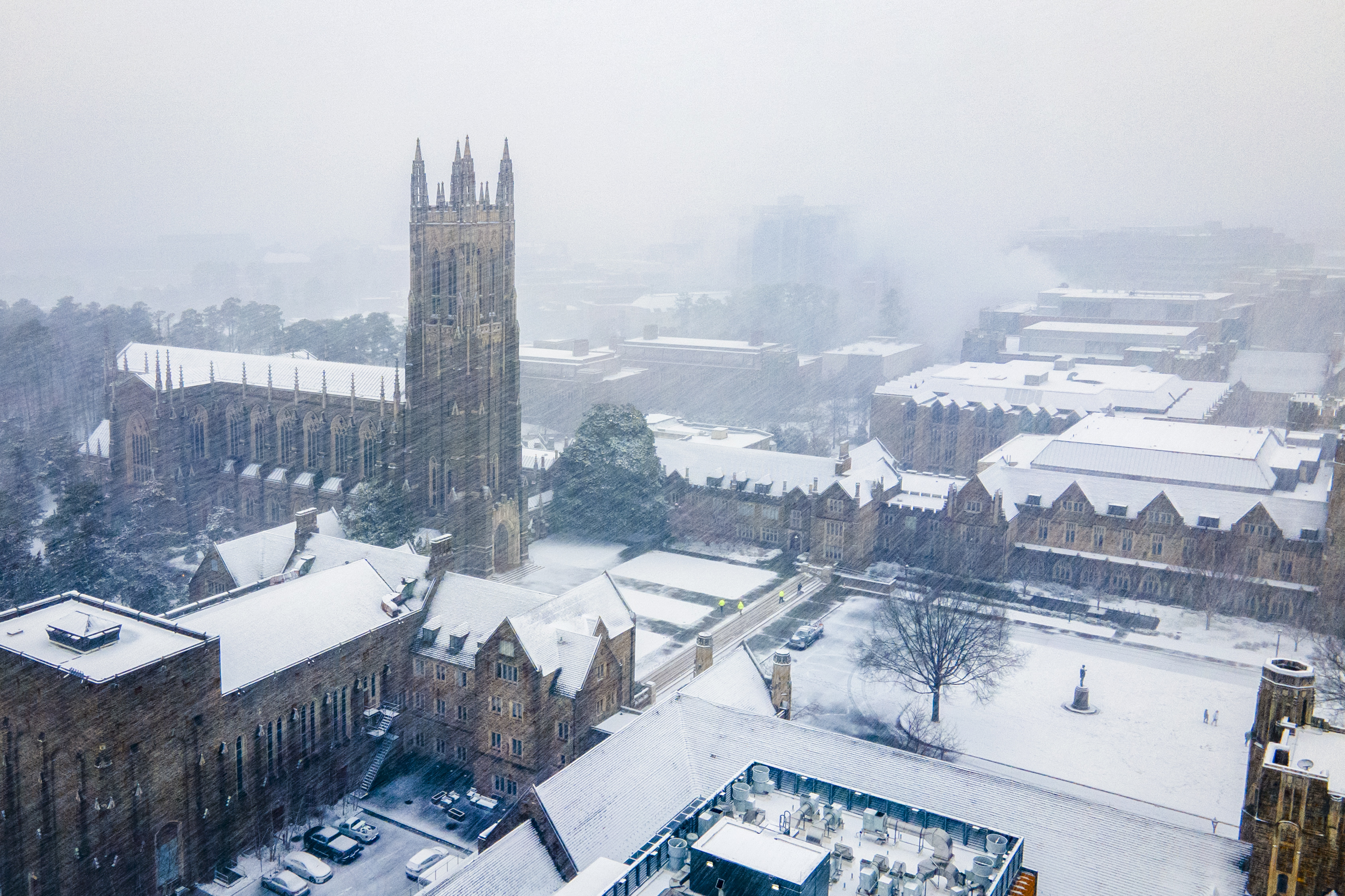 An aerial photo of the snow on West Campus shows a windy moment when the snow was nearly falling horizontally.